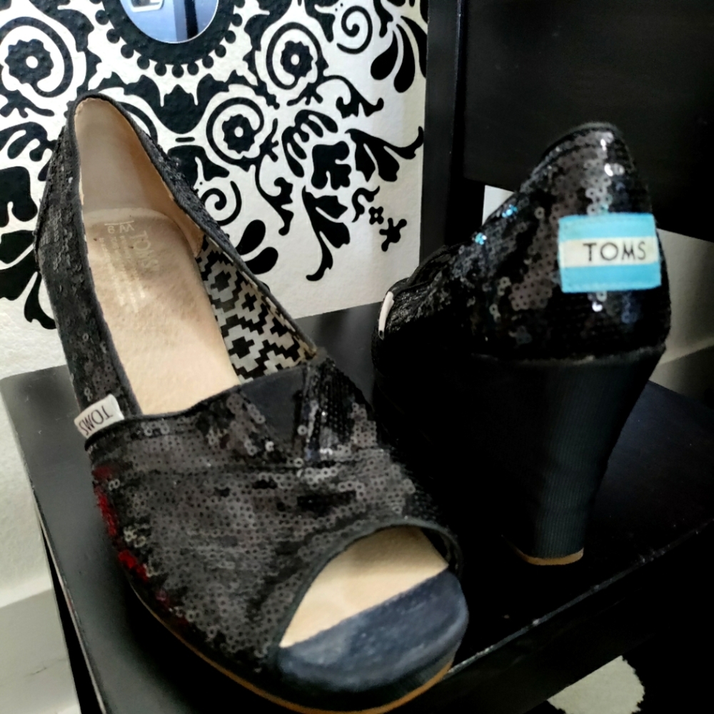 TOMS black sequins & satin wedges